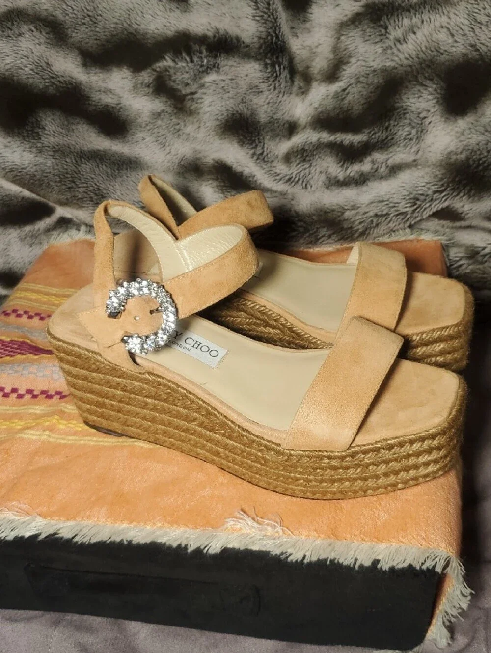 Jimmy Choo Suede Espadrille Wedge Sandals with Crystal Buckle Size 8